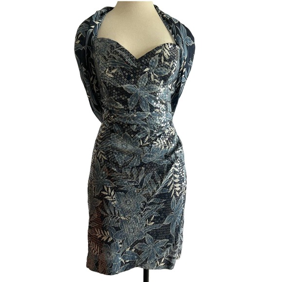 Albert Nipon Blue Floral Sequins Evening Cocktail Dress Size 6